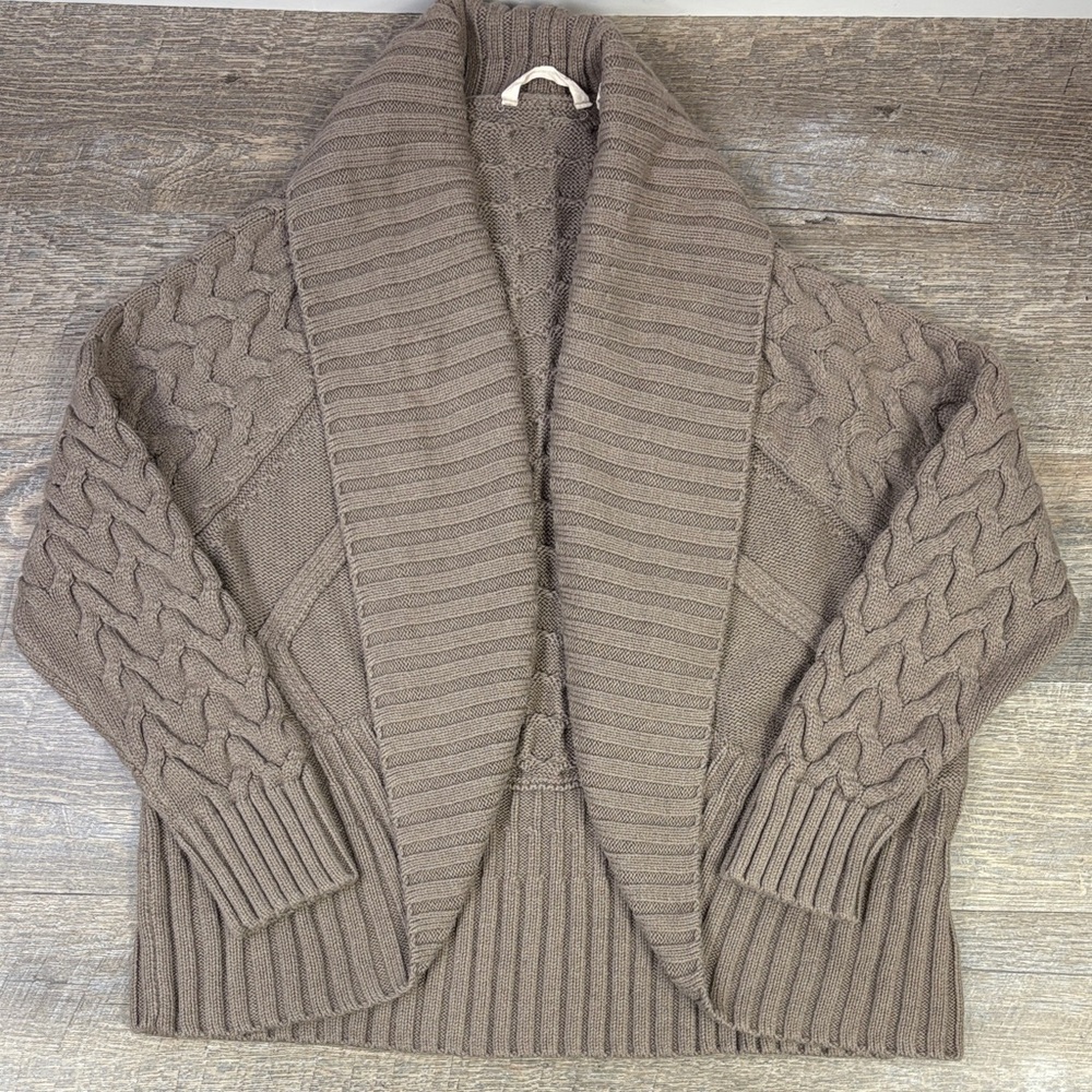 Soft Surroundings Shawl Collar Cable Knit Open Front Cardigan Sweater Taupe L